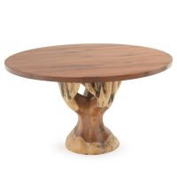 Modern Rustic Tree Base Round Dining Table - Black Walnut Table Top - Flat Edge - Natural Clear Finish