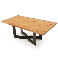Modern Wavy X Natural Wood Dining Table - Flat Edge Smooth Alder Table Top - Natural Clear Finish - Black Steel Table Base
