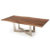 Modern Wavy X Natural Wood Dining Table - Live Edge Black Walnut Table Top - Natural Clear Finish - Silver Steel Table Base