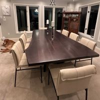 CUSTOM FINISH - Modern Wavy X Natural Wood Dining Table - Live Edge Black Walnut Table Top - CUSTOM Ebony Finish - Black Steel Table Base
Hawthorne Leather Chair - Natural Beige Leather