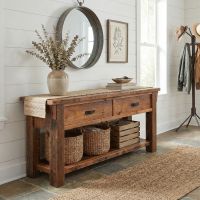 Barn Wood Sofa Table: Some lifestyle images are created with AI for visualization purposes. Crafted from natural solid wood, each piece is unique and will vary.