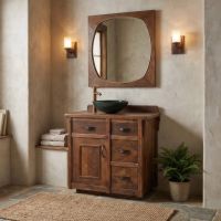 Rustic Barn Wood Vanity: Some lifestyle images are created with AI for visualization purposes. Crafted from natural solid wood, each piece is unique and will vary.