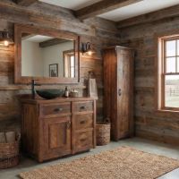 Rustic Barn Wood Vanity: Some lifestyle images are created with AI for visualization purposes. Crafted from natural solid wood, each piece is unique and will vary.
