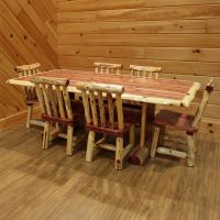 Red Cedar Slab Trestle Dining Table & Spindle Back Chairs