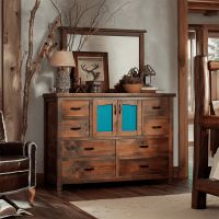 Rustic Ranchero 8 Drawer Wardrobe Dresser - Turquoise Leather Panels
