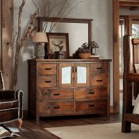 Rustic Ranchero 8 Drawer Wardrobe Dresser - Cream Leather Panels