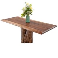 Rustic Live Edge Natural Tree Stump Dining Table - Black Walnut Tabletop - Natural Clear Tabletop Finish - Rustic Barnwood Base Finish