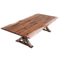 Rustic Live Edge Wood Slab Trestle Dining Table With Black Walnut Tabletop in Natural Clear Tabletop Finish