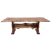 Rustic Live Edge Wood Slab Trestle Dining Table With Black Walnut Tabletop in Natural Clear Tabletop Finish