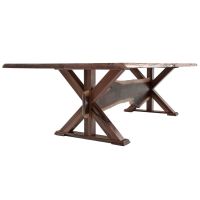 Rustic Live Edge Wood Slab Trestle Dining Table With Black Walnut Tabletop in Natural Clear Tabletop Finish