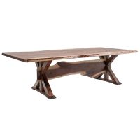 Rustic Live Edge Wood Slab Trestle Dining Table With Black Walnut Tabletop in Natural Clear Tabletop Finish