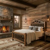 Rustic Pine Bed: Some lifestyle images are created with AI for visualization purposes. Crafted from natural solid wood, each piece is unique and will vary.