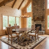 Rustic Log Dining Table with Oval Wood Top: Some lifestyle images are created with AI for visualization purposes. Crafted from natural solid wood, each piece is unique and will vary.