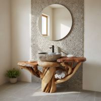 Stone Sink: Some lifestyle images are created with AI for visualization purposes. Crafted from natural solid wood, each piece is unique and will vary.