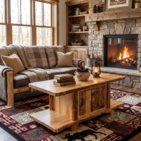 Rustic Aspen Log Coffee Table: Some lifestyle images are created with AI for visualization purposes. Crafted from natural solid wood, each piece is unique and will vary.