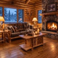 Rustic Aspen Log Coffee Table: Some lifestyle images are created with AI for visualization purposes. Crafted from natural solid wood, each piece is unique and will vary.
