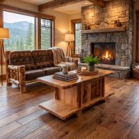 Rustic Aspen Log Coffee Table: Some lifestyle images are created with AI for visualization purposes. Crafted from natural solid wood, each piece is unique and will vary.