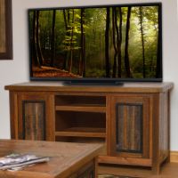 Eagle River Timber Frame Barn Wood Media Cabinet - Tongue & Groove Barn Wood Plank Door Style