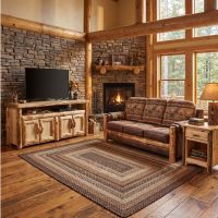 Rustic Log Entertainment Center: Some lifestyle images are created with AI for visualization purposes. Crafted from natural solid wood, each piece is unique and will vary.