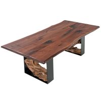 Twisted Trails Natural Wood Teak Root Dining Table - Live Edge Black Walnut Tabletop - Natural Clear Tabletop Finish