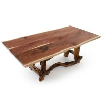 Twisted Trails Wrapped Juniper Natural Wood Dining Table - Live Edge Black Walnut Tabletop - Natural Clear Tabletop Finish - Rustic Barnwood Base Finish