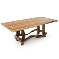Twisted Trails Wrapped Juniper Natural Wood Dining Table - Live Edge Golden Walnut Tabletop - Natural Clear Tabletop Finish - Rustic Barnwood Base Finish