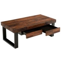 Urban Rustic Mahogany 2 Drawer Coffee Table - Natural Rough Reclaimed Wood - Natural Drawers & Trim
