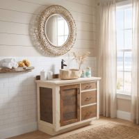 Rustic Farmhouse Vanity: Some lifestyle images are created with AI for visualization purposes. Crafted from natural solid wood, each piece is unique and will vary.