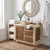 Rustic Farmhouse Vanity: Some lifestyle images are created with AI for visualization purposes. Crafted from natural solid wood, each piece is unique and will vary.
