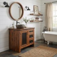 Rustic Bathroom Vanity: Some lifestyle images are created with AI for visualization purposes. Crafted from natural solid wood, each piece is unique and will vary.