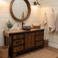 Modern Rustic Vanity: Some lifestyle images are created with AI for visualization purposes. Crafted from natural solid wood, each piece is unique and will vary.
