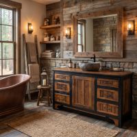 Modern Rustic Vanity: Some lifestyle images are created with AI for visualization purposes. Crafted from natural solid wood, each piece is unique and will vary.