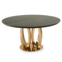 CUSTOM FINISH - Modern Hoop Hardwood Dining Table - Flat Edge - CUSTOM Ebony Finish - Gold Steel Table Base
