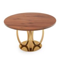 Modern Hoop Hardwood Dining Table - Black Walnut - Flat Edge - Natural Clear Finish - Gold Steel Table Base