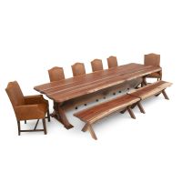 Rustic Live Edge Wood Slab Trestle Dining Table With Black Walnut Tabletop in Natural Clear Tabletop Finish. Shown with Live Edge Natural Wood Bench and Bristol Upholstered Captain Dining Chairs.