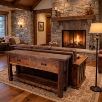 Rustic Sofa Table: Some lifestyle images are created with AI for visualization purposes. Crafted from natural solid wood, each piece is unique and will vary.