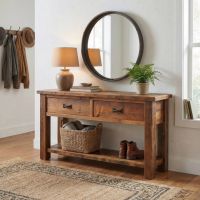Sofa Table: Some lifestyle images are created with AI for visualization purposes. Crafted from natural solid wood, each piece is unique and will vary.