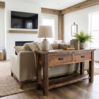 Barn Wood Sofa Table: Some lifestyle images are created with AI for visualization purposes. Crafted from natural solid wood, each piece is unique and will vary.