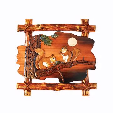 Nutty Squirrels in Pine Tree Rustic Wood Art - Freeform w/ Log Frame