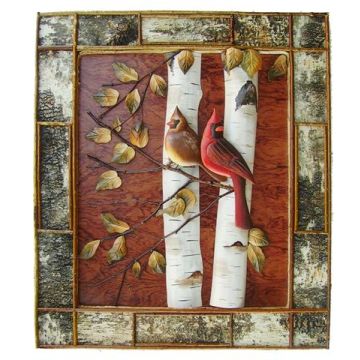 Cardinals in Birch Tree Rustic Wood Art