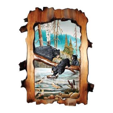 Black Bear Family on Log Wood Art