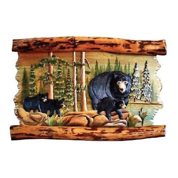 Black Bear and Cubs in Lakeside Forest Wood Art