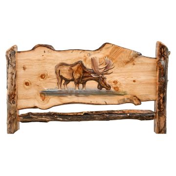 Drinking Bull Moose Carved Aspen Log Headboard