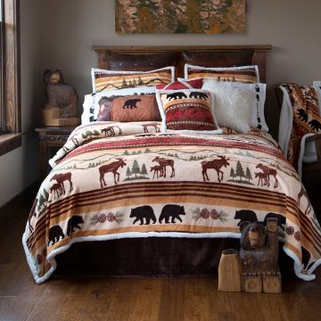 Cozy Log Cabin Quilt Set For Bedroom - Bear & Elk Rustic Lodge Decor - Queen Size Microfiber