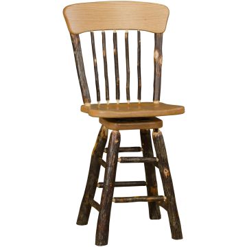 Rustic Hickory Swivel Log Oak Back Barstool