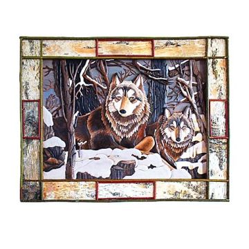 Wild Winter Wolves Rustic Framed Wood Art - Birch Bark Frame