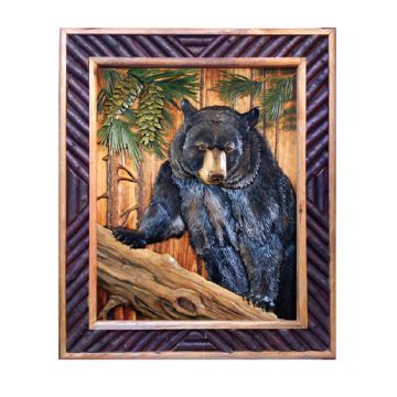 Black Bear Standing on Pine Tree Wood Art - Birch Log Frame