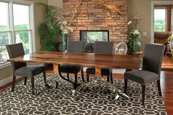 Mountain Modern Tree of Life Dining Table - Live Edge Black Walnut Table Top - Natural Clear Finish - Silver Steel Table Base