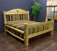Cedar Lake Silhouette Cutout Log Bed--King, Clear finish, Buck silhouette cutout, Spindled Double side rails