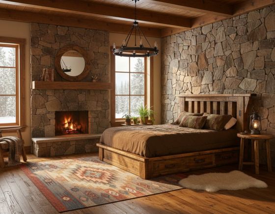 Rustic Lodge Bedroom: Some lifestyle images are created with AI for visualization purposes. Crafted from natural solid wood, each piece is unique and will vary.